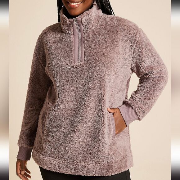 Maurices Sherpa Pullover Fox Taupe Teddy Quarter Zip Cozy Size Large - Picture 1 of 5